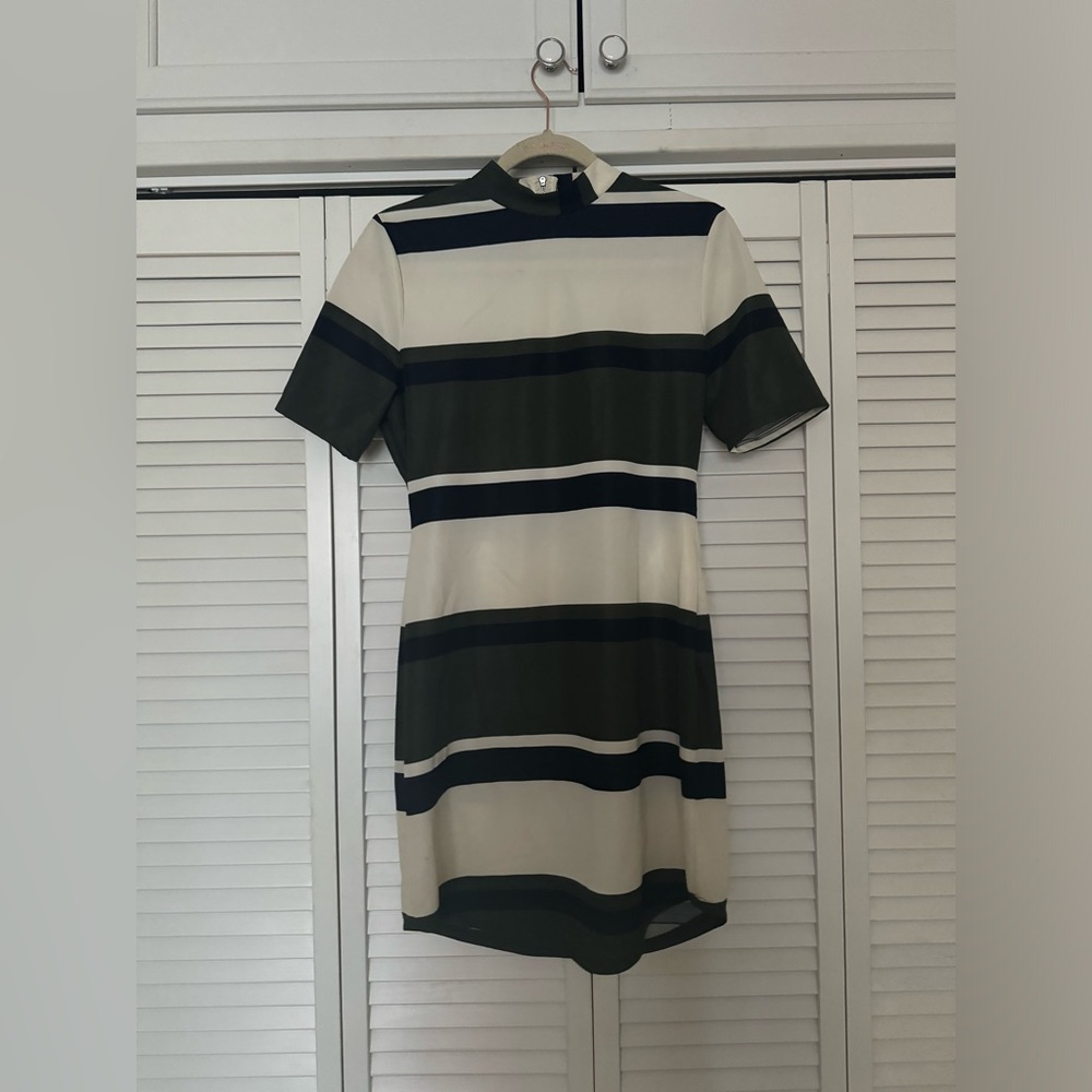 Green/White/Black Striped Business Casual/Professional Mock Neck Dress - Size L